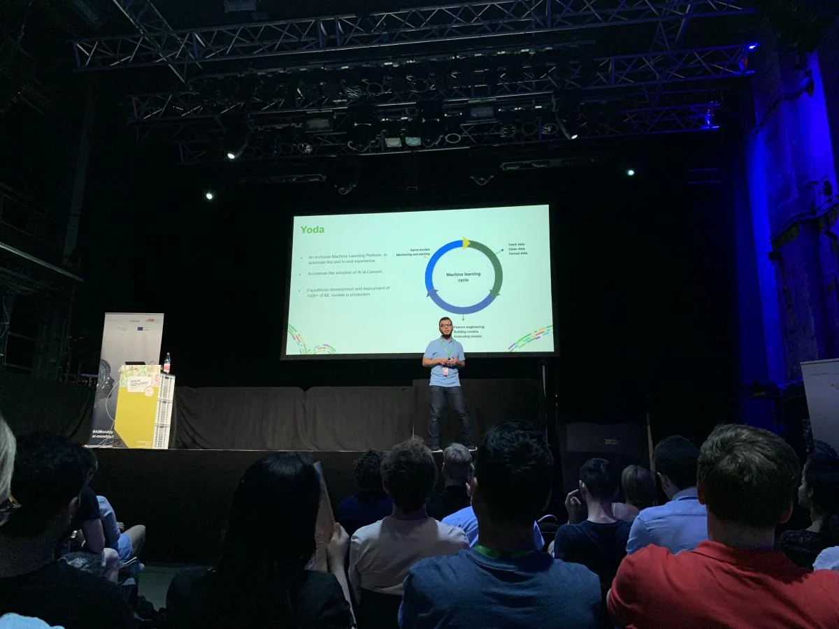 Ahmed Kamal presenting Yoda, Careem's machine learning platform, at AI Monday in Berlin, 2019